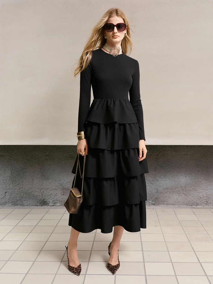 MOTF PREMIUM WOMEN'S ELEGANT COMMUTE WAIST-CINCHED RUFFLE HEM MID-LENGTH DRESS - Black - View 1