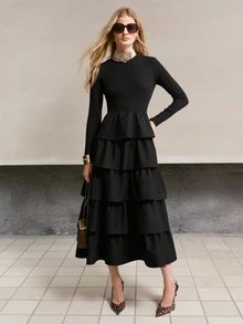 MOTF PREMIUM WOMEN'S ELEGANT COMMUTE WAIST-CINCHED RUFFLE HEM MID-LENGTH DRESS - Black - View 4