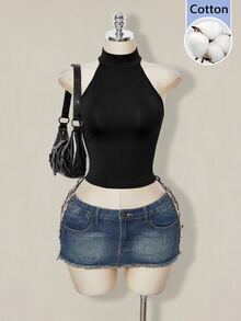 SHEIN ICON 女款純色修身百搭日常穿著掛脖式T恤 - 黑色 - 查看 3