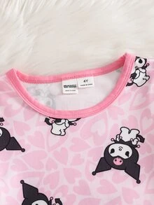 HELLO KITTY AND FRIENDS | SHEIN 女童卡通印花長袖上衣與長褲休閒日常居家睡衣套裝 - 粉色 - 查看 3