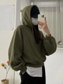 DAZY 女款純色連帽寬鬆短版運動衫 - 軍綠色 - 查看 3