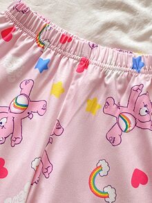 SHEIN X Care Bears GraphicGems 秋冬女童幼兒 2 件套聯名款可愛卡通愛心彩虹熊印花柔軟舒適阻燃牛奶絲面料休閒寬鬆長袖居家服褲裝 - 粉色 - 查看 7