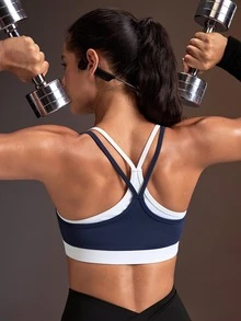 Powerista Women's Blue + White Colorblock Sports Bra With Double Shoulder Straps - Blue - View 3