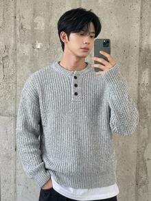 DAZY 秋冬圓領半開鈕扣花卉寬鬆男士毛衣 - 淺灰色 - 查看 3