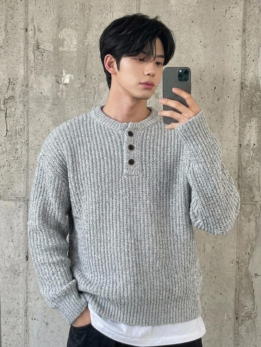 DAZY Autumn/Winter Round Neck Half-Open Button Floral Loose Men's Sweater - Light Grey - View 1