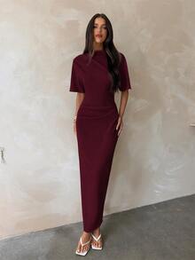 Aloruh New Solid Color Versatile Elegant Intellectual Minimalist Office Commute Ruched Decor Loose Top Tight Skirt Long Sleeve Midi Dress - Burgundy - View 3