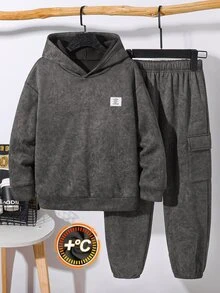 SHEIN 兒童青少年男孩休閒街頭風百搭極簡紮染雪洗布料連帽衛衣長袖套頭衫與長褲2件套，適合通勤、上學、日常休閒、運動、旅行、街頭穿搭，秋冬款 - 灰色 - 查看 2