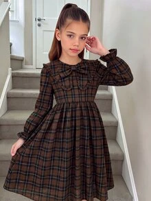 Tween女孩長袖格紋收腰蝴蝶結誇張領長洋裝 秋冬款 - 卡其色 - 查看 17