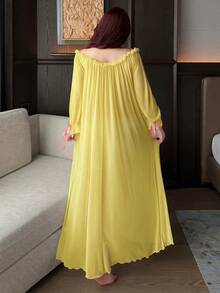 Dazy Plus Plus Size Women's Sexy Sheer Mesh Off-Shoulder Ruffle Hem Long Nightgown, Comfortable Home Dress For Spring & Summer Pajamas - Yellow - View 3