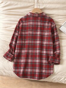 SHEIN 女童時尚休閒寬鬆慵懶長袖中長版襯衫，適合日常穿著、上學、外出、派對、演唱會 - 酒紅色 - 查看 2