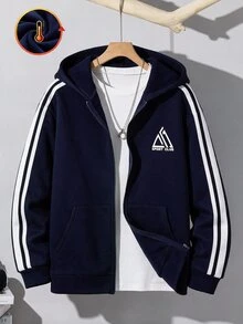 SHEIN 青少年男孩字母印花側條紋拉鍊連帽衛衣 - 彩色 - 查看 1