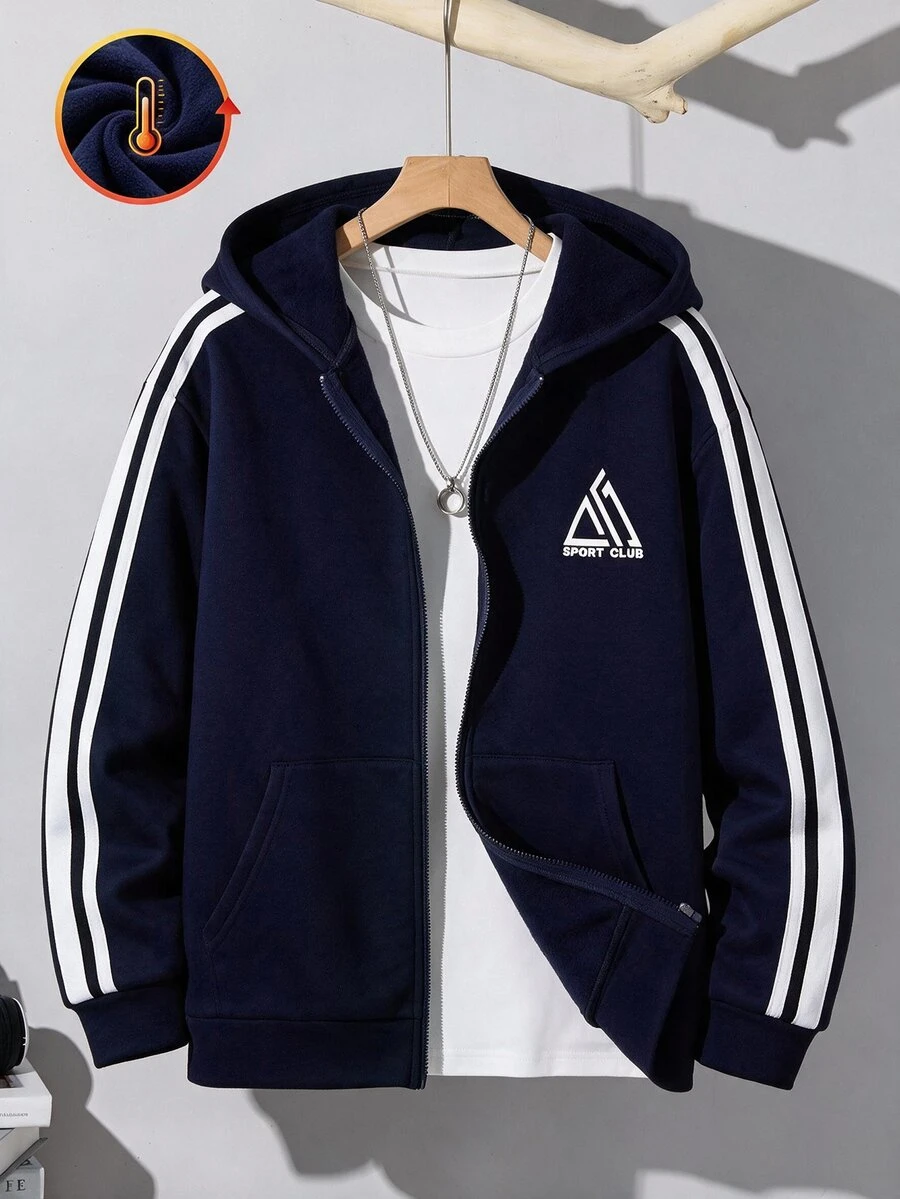 SHEIN 青少年男孩字母印花側條紋拉鍊連帽衛衣 - 彩色 - 查看 1