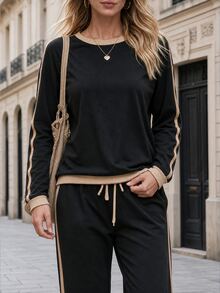 Editum Women's Colorblock Patchwork Crew Neck Sweatshirt Long Pants Fashion Casual 2 Pieces Set Travel Airport Black Fall Vacation Fall/Winter - Black - View 3