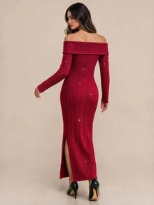 Amorya Women's Off-Shoulder Long Sleeve Sweater Dress - Red - View 2