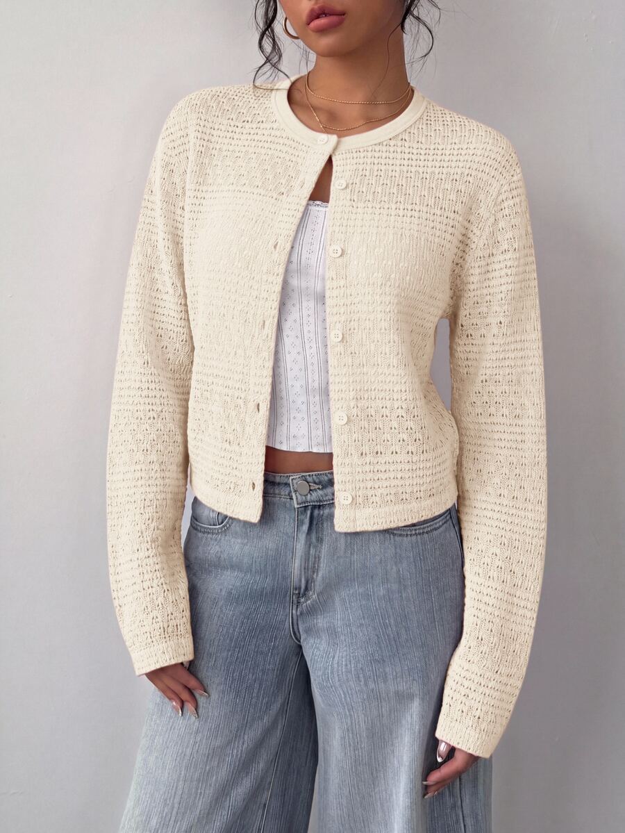 SHEIN BASICS كارديجان نسائي بسيط بأزرار وتصميم مفرغ محبوك رقيق - لون مشمشي - مشاهدة 1