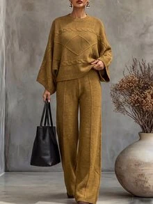 Louniche Autumn/Winter New Elegant Casual Mustard Yellow Twisted Rope Texture Shoulder Batwing Sleeve Short Top Straight Leg Long Pants Daily Commute Women's Fashion Knit Pullover Sweater Two Pieces Set - Yellow - View 5