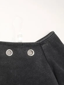 SHEIN 青少年女孩秋冬休閒街頭時尚不對稱領飾孔裝飾套頭雪花衛衣，青春時尚穿搭，適合返校、秋冬出遊、日常穿著、Y2K、萬聖節、暗黑風格 - 黑色 - 查看 7