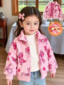 SHEIN Genkimix Kids Young Girls Sweet Cute Bow Fuzzy Zipper Jacket Coat Suitable For Daily Casual Outings Spring Autumn Winter - Pink - View 1