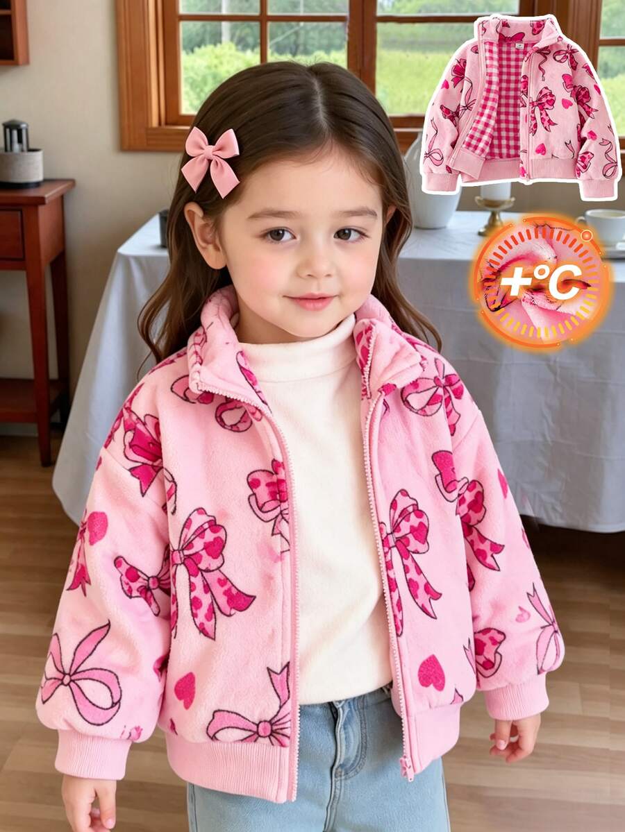 SHEIN Genkimix Kids Young Girls Sweet Cute Bow Fuzzy Zipper Jacket Coat Suitable For Daily Casual Outings Spring Autumn Winter - Pink - View 1