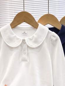 Elladie kids 女童3件組長袖 Polo 衫，彼得潘領精緻愛心鈕扣，長袖 T 恤，基本純色修身 T 恤，適合返校季 - 彩色 - 查看 3