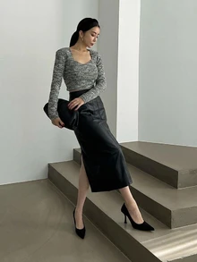 DAZY Women's Solid Color Casual Versatile Daily Skirt - Black - View 3