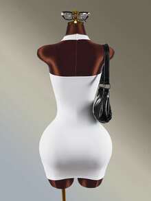 Amplova Women's White Halter Neck Pleated Athletic One-Piece Dress - White - View 4