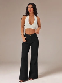 SHEIN PETITE Women's Casual Versatile Flare Leg Denim Jeans With Pockets - Black - View 4