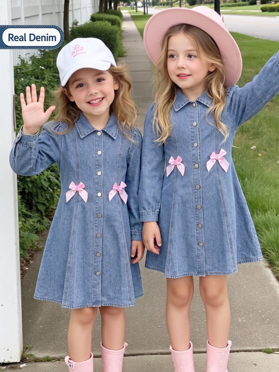 Girls' Denim Dress, Washed Light Blue, Sweet Girly Style, Classic Collar And Metal Button Design, Pink Bow On Chest For Playful Touch, Comfortable A-Line Fit, Suitable For Spring And Autumn - Light Wash - View 1