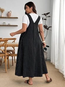 Enliva Plus Size Autumn Striped Loose Fit Pinafore Dress For Office Casual Formal Apple - Black - View 2
