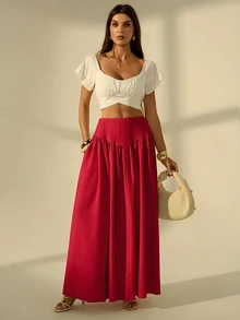 SHEIN Tall 女款素色百褶休閒百搭日常穿著裙 - 紅色 - 查看 7