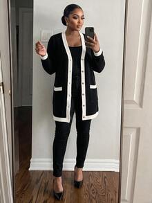 SHEIN Lady Plus Size Striped Colorblock Button Long Sleeve Knit Cardigan - Black - View 1