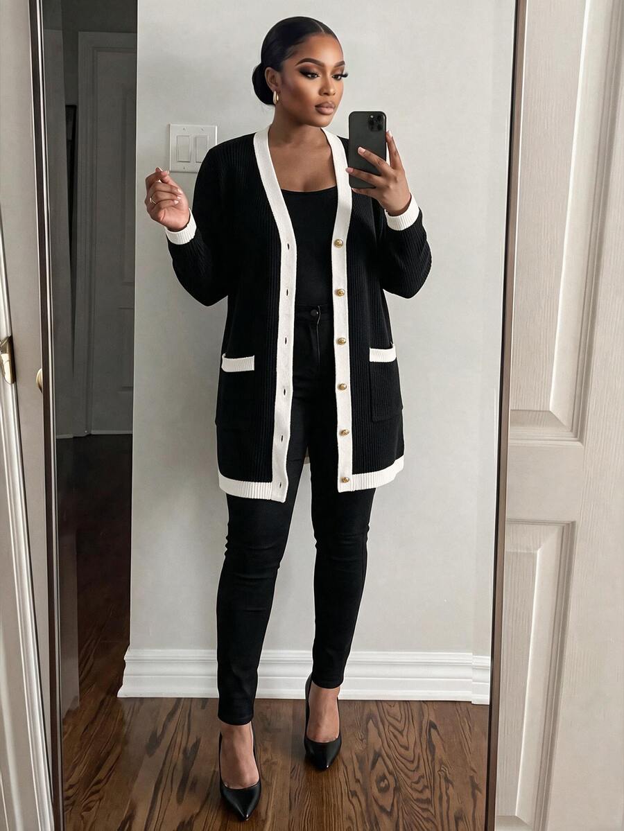 SHEIN Lady Plus Size Striped Colorblock Button Long Sleeve Knit Cardigan - Black - View 1