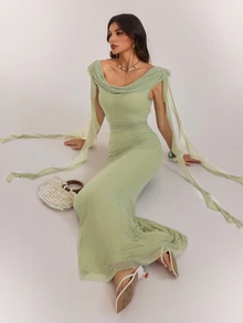 SHEIN Tall Elegant V-Neck, Draped, Ruffle-Trimmed, Slim-Fit A-Line Maxi Dress For Tall Women. - Green - View 6