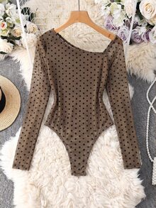 GlowEve CURVE Women's Plus Size Fashion Leopard Print Mesh Cold Shoulder Long Sleeve Bodysuit - Brown - View 2