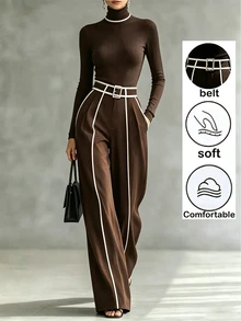 SHEIN 時尚通勤女款兩件套 黑白配色修身上衣與直筒長褲 秋冬新款 適合辦公與休閒穿著 - 棕色 - 查看 1