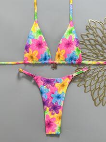 Swim Mod Set Pakaian Renang Bikini Dua Potong Wanita Motif Polkadot Cokelat dan Biru dengan Tali Leher, - MultiWarna - View 1