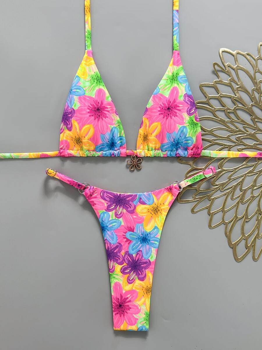Swim Mod Set Pakaian Renang Bikini Dua Potong Wanita Motif Polkadot Cokelat dan Biru dengan Tali Leher, - MultiWarna - View 1