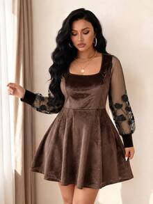 Elenzga Women's Plus Size Square Neck Solid Color Mesh Patchwork Embroidered Long Sleeve Cinched Waist Full Skirt Elegant Dress - Brown - View 1