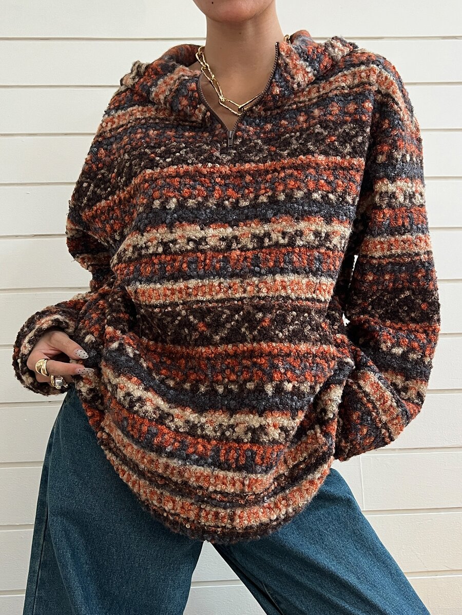 DAZY Women's Multi-Color Striped Hooded Loose Pullover Long Sleeve Casual Retro Sweatshirt - Multicolor - View 1
