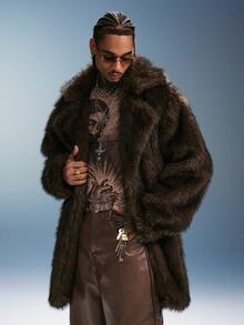 PAVTROS Men's Fashion Faux Fur Lapel Coat, Suitable For Halloween, Christmas, New Year Wear - Rust Brown - View 4