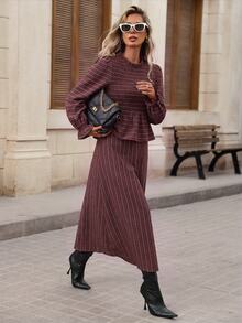 Brillora Brown Striped Top And Skirt 2 Pieces Set - Burgundy - View 4