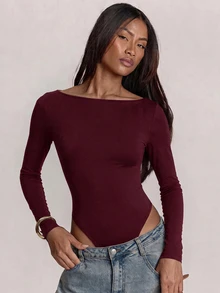 SHEIN BAE 秋冬性感露背長袖連身衣，萬聖節派對夜店時尚外出穿搭 - 紫紅色 - 查看 5