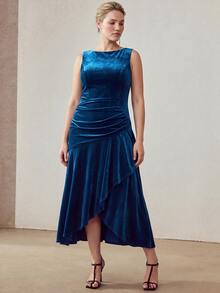 MOTF PREMIUM WOMEN'S PLUS SIZE VELVET FABRIC STRUCTURED DESIGN MIDI DRESS - Blue - View 1