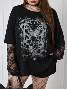 SHEIN CURVE+ 女款大尺碼秋季街頭休閒嬉皮學院龐克哥德風純棉印花寬鬆2合1蕾絲黑色長袖T恤，萬聖節裝扮適用5XL-8XL - 黑色 - 查看 4