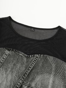 GlowEve CURVE Plus Size Casual Streetwear Stretch Mesh Patchwork Denim Print Bodycon Mini Dress - Grey - View 3