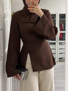 Celisse Women's Brown Frog Button Asymmetrical Collar Stand Collar Flared Sleeve Long New Chinese Style Shirt, Elegant Commute, Spring/Autumn - Brown - View 1