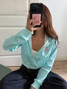 Livesso Women's Polka Dot & Letter Print Zip-Up Casual Everyday Sweatshirt - Blue - View 5