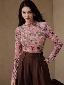 Anewsta Pink Floral Ruffle Collar Mesh Fitted Long Sleeve Soft Style Versatile Layering Women's Top T-Shirt - Pink - View 3
