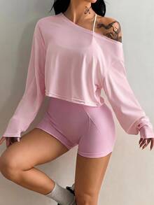 Coolane Women's Solid Color Asymmetrical Shoulder Drop Sleeve Long Sleeve Sports T-Shirt - Pink - View 1