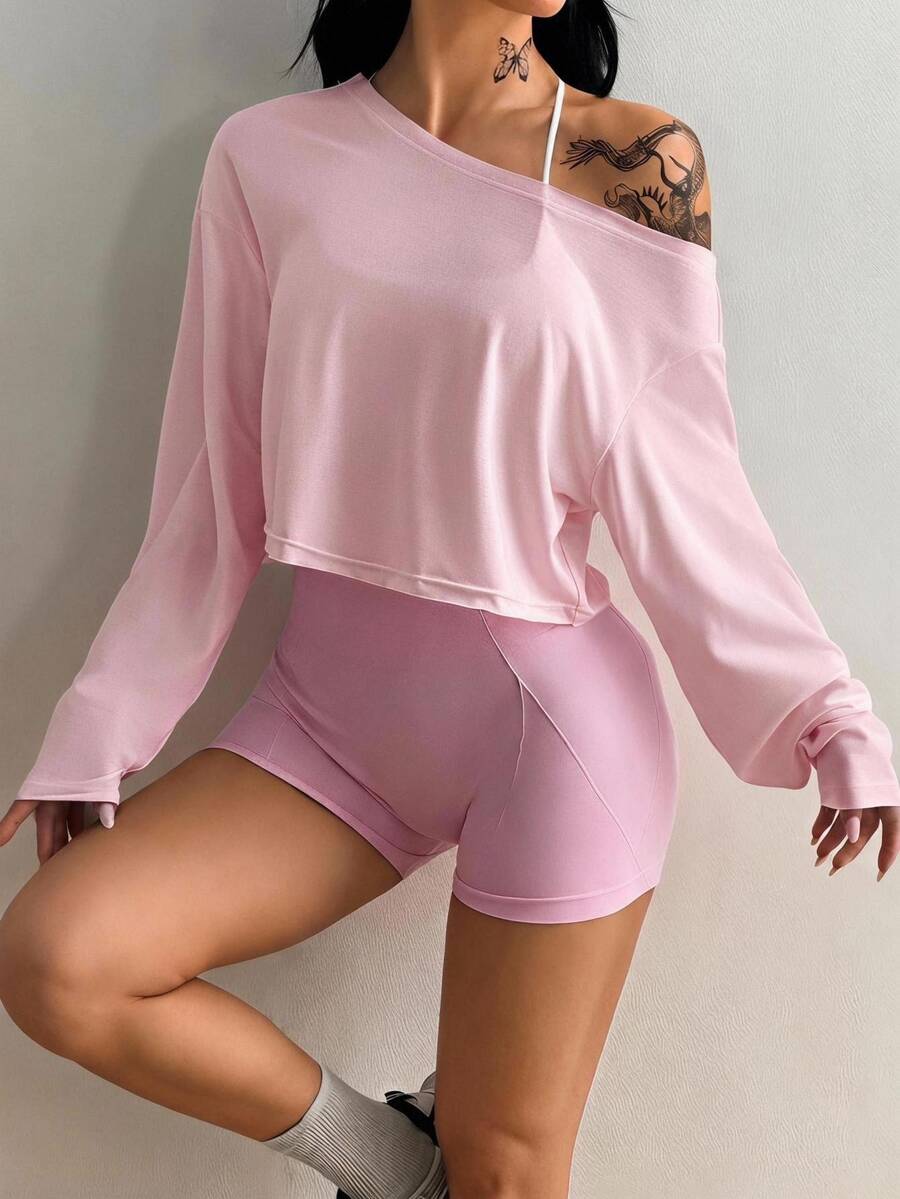Coolane Women's Solid Color Asymmetrical Shoulder Drop Sleeve Long Sleeve Sports T-Shirt - Pink - View 1